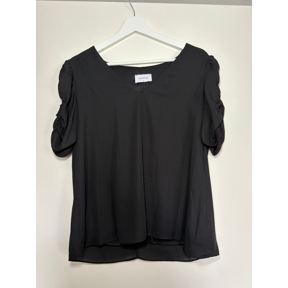 ADRIENNE Blouse Small Black Ruched Short Sleeve V-Neck Chiffon Top 2489S